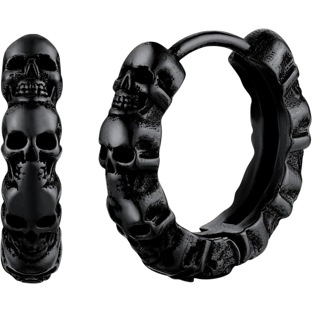 imageU7 Stainless SteelBlack18K Gold Plated Personalized Gothic Skull Studs Earrings Snake Stud Earrings Goat Devil Earrings Wolf Earrings Halloween Earrings for Men Women01 Skull HoopBlack
