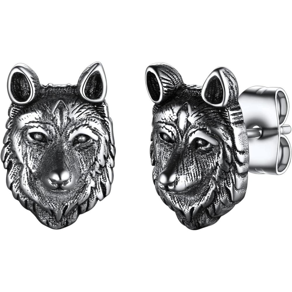 imageU7 Stainless SteelBlack18K Gold Plated Personalized Gothic Skull Studs Earrings Snake Stud Earrings Goat Devil Earrings Wolf Earrings Halloween Earrings for Men Women08 WolfStainless