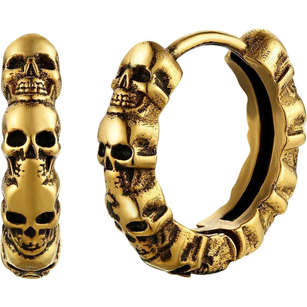 imageU7 Stainless SteelBlack18K Gold Plated Personalized Gothic Skull Studs Earrings Snake Stud Earrings Goat Devil Earrings Wolf Earrings Halloween Earrings for Men Women01 Skull HoopGold