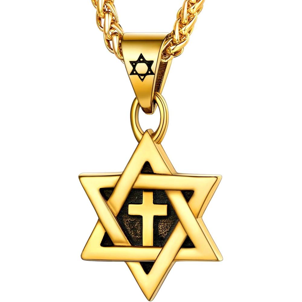 imageU7 Star of David Necklace for Men Women GoldStainless Steel Hexagon Pendant with CrossRuby StoneClassic Jewish Isael Necklaces Length 22quot 24quot 26quot02Star of David with CrossGold