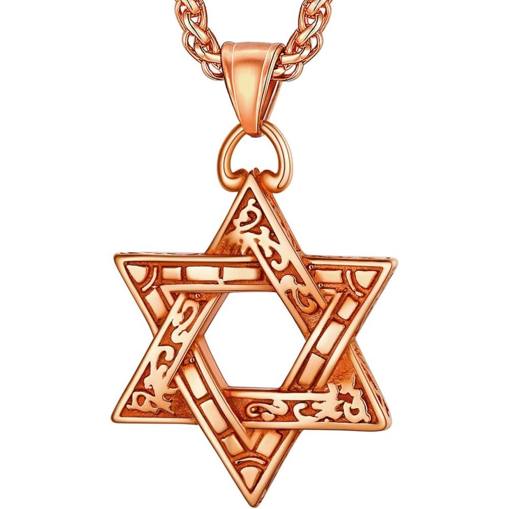 imageU7 Star of David Necklace for Men Women GoldStainless Steel Hexagon Pendant with CrossRuby StoneClassic Jewish Isael Necklaces Length 22quot 24quot 26quot03Retro David StarRose Gold