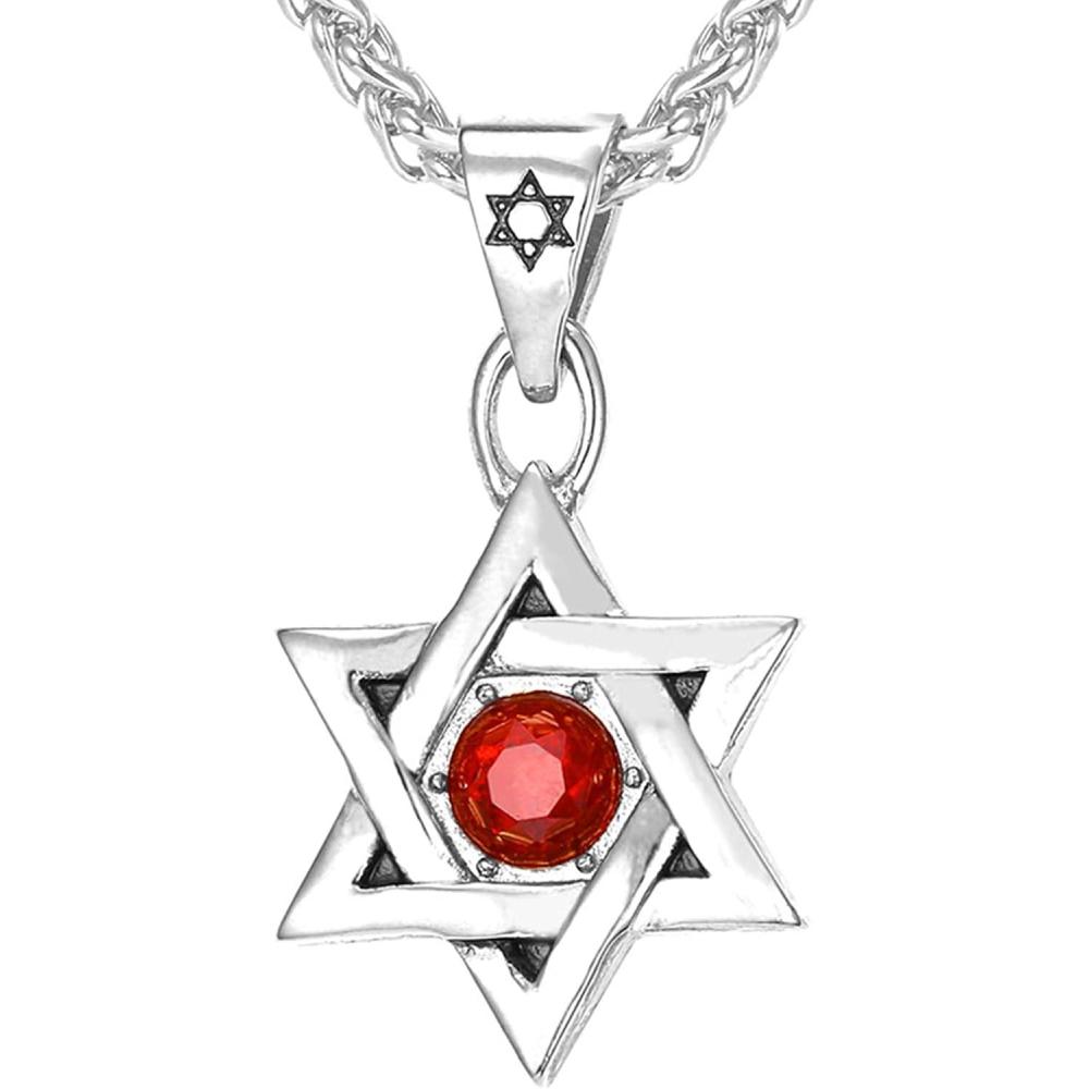 imageU7 Star of David Necklace for Men Women GoldStainless Steel Hexagon Pendant with CrossRuby StoneClassic Jewish Isael Necklaces Length 22quot 24quot 26quot04David Star with Red StoneStainless