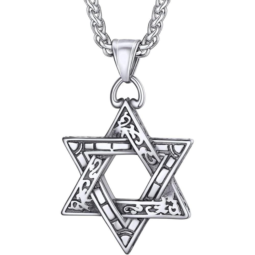 imageU7 Star of David Necklace for Men Women GoldStainless Steel Hexagon Pendant with CrossRuby StoneClassic Jewish Isael Necklaces Length 22quot 24quot 26quot03Retro David StarStainless