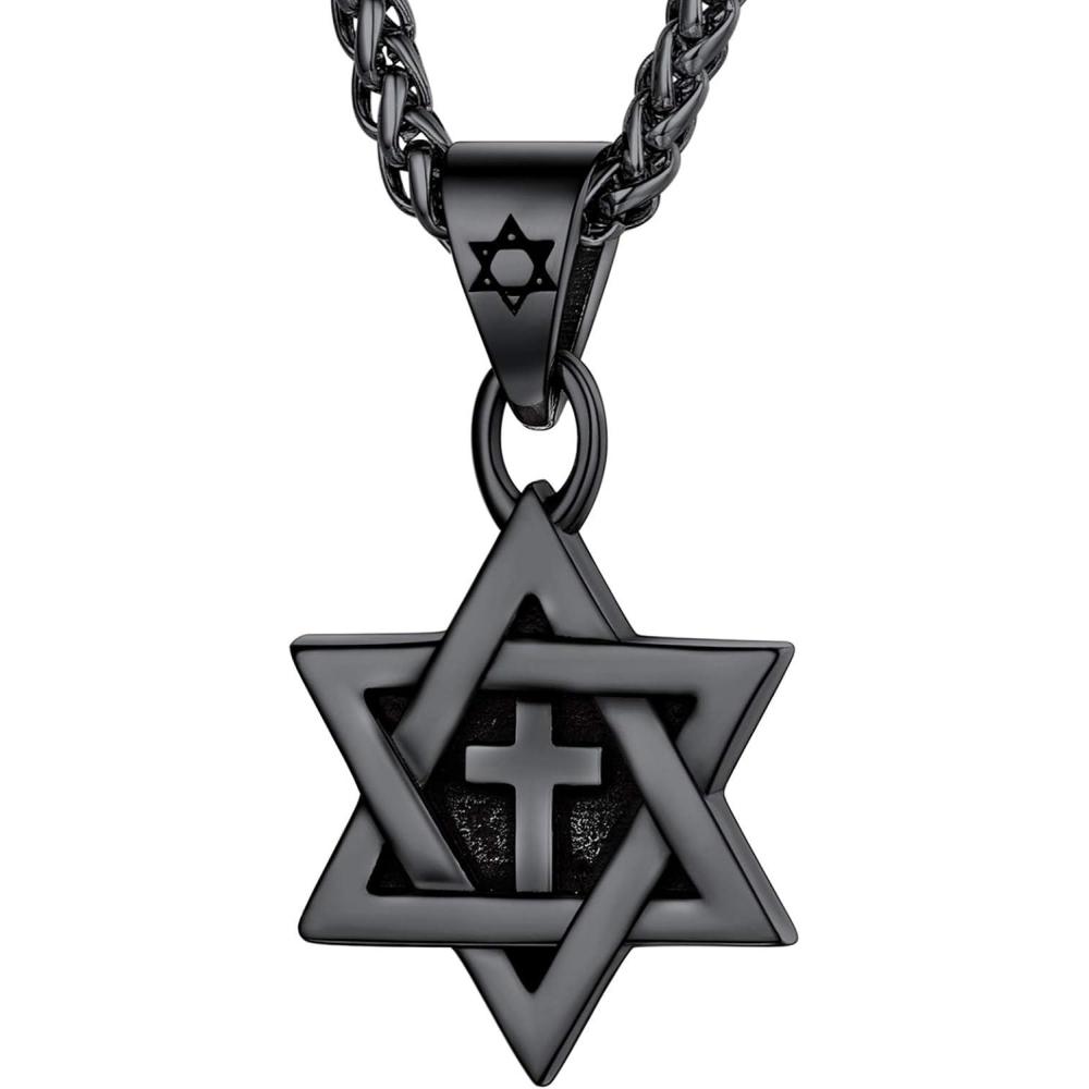 imageU7 Star of David Necklace for Men Women GoldStainless Steel Hexagon Pendant with CrossRuby StoneClassic Jewish Isael Necklaces Length 22quot 24quot 26quot02Star of David with CrossBlack