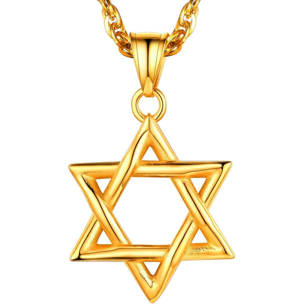 imageU7 Star of David Necklace for Men Women GoldStainless Steel Hexagon Pendant with CrossRuby StoneClassic Jewish Isael Necklaces Length 22quot 24quot 26quot06Cursive David StarGold