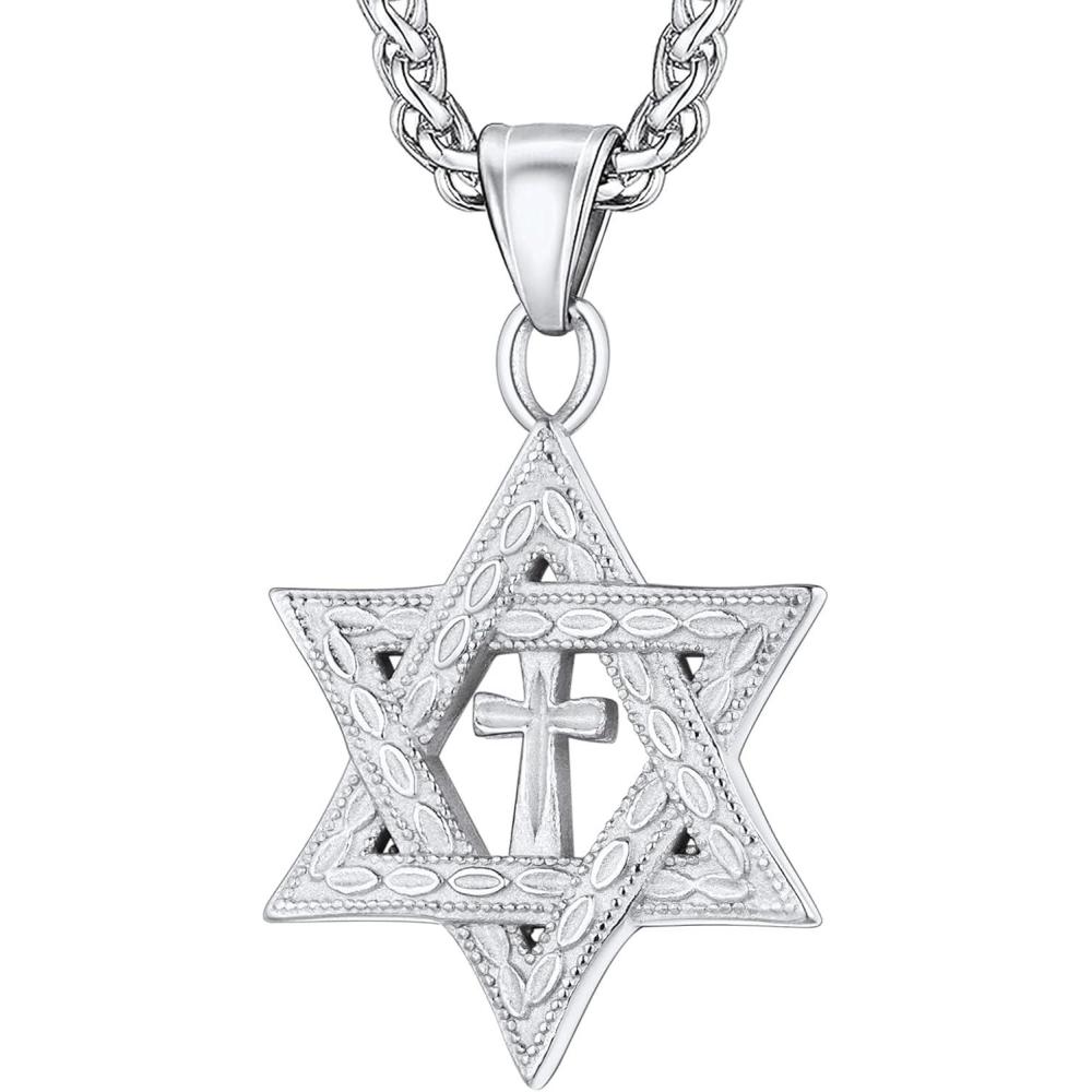 imageU7 Star of David Necklace for Men Women GoldStainless Steel Hexagon Pendant with CrossRuby StoneClassic Jewish Isael Necklaces Length 22quot 24quot 26quot05Cross Star of DavidStainless