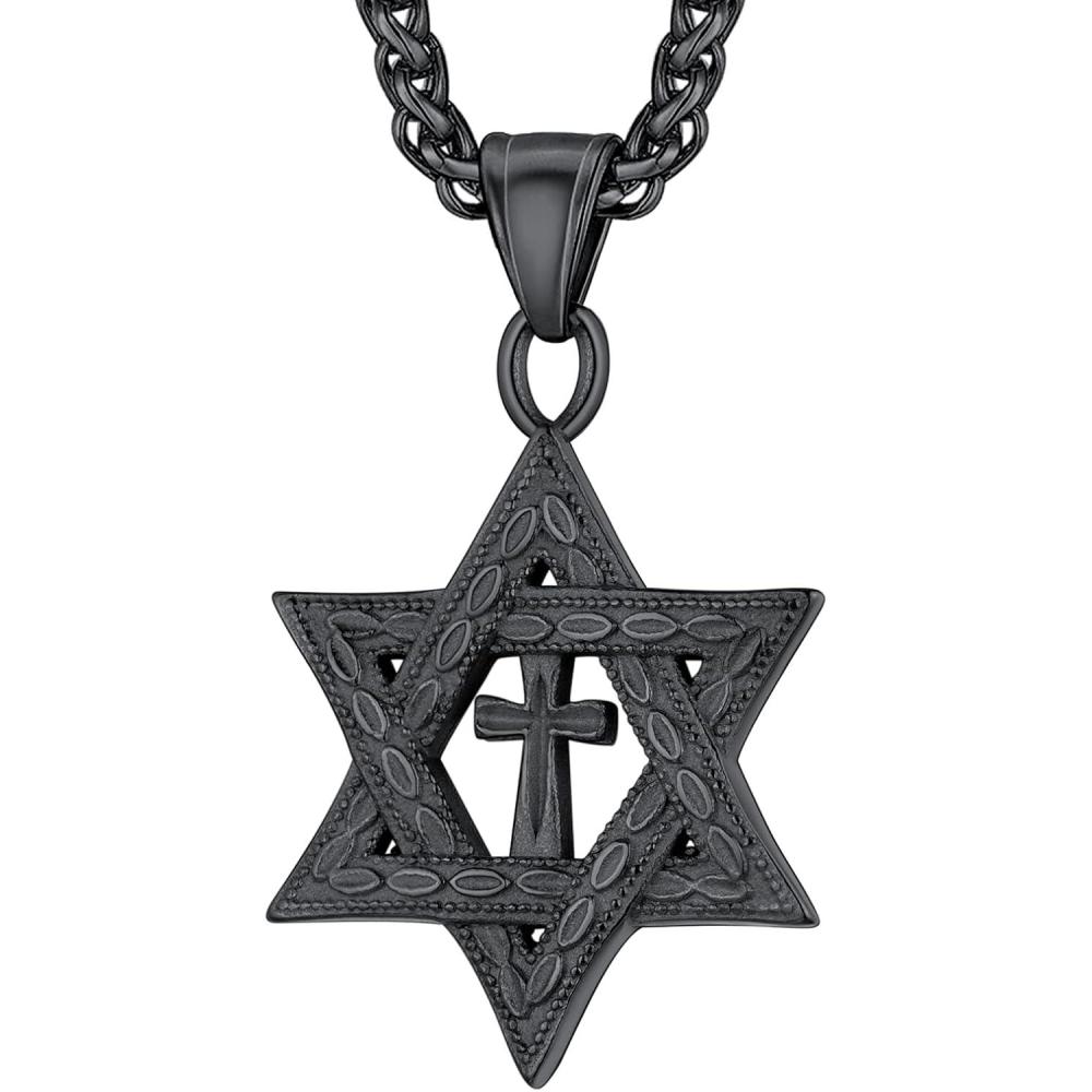 imageU7 Star of David Necklace for Men Women GoldStainless Steel Hexagon Pendant with CrossRuby StoneClassic Jewish Isael Necklaces Length 22quot 24quot 26quot05Cross Star of DavidBlack