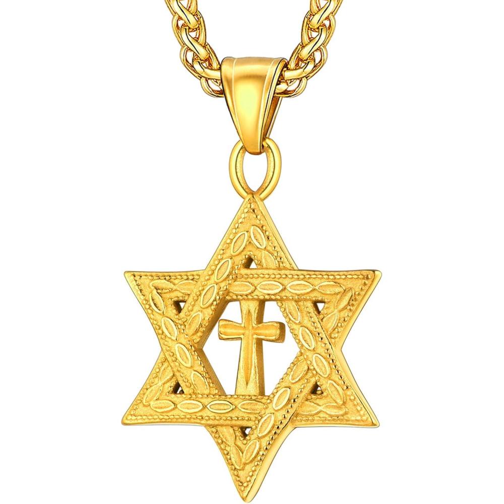 imageU7 Star of David Necklace for Men Women GoldStainless Steel Hexagon Pendant with CrossRuby StoneClassic Jewish Isael Necklaces Length 22quot 24quot 26quot05Cross Star of DavidGold