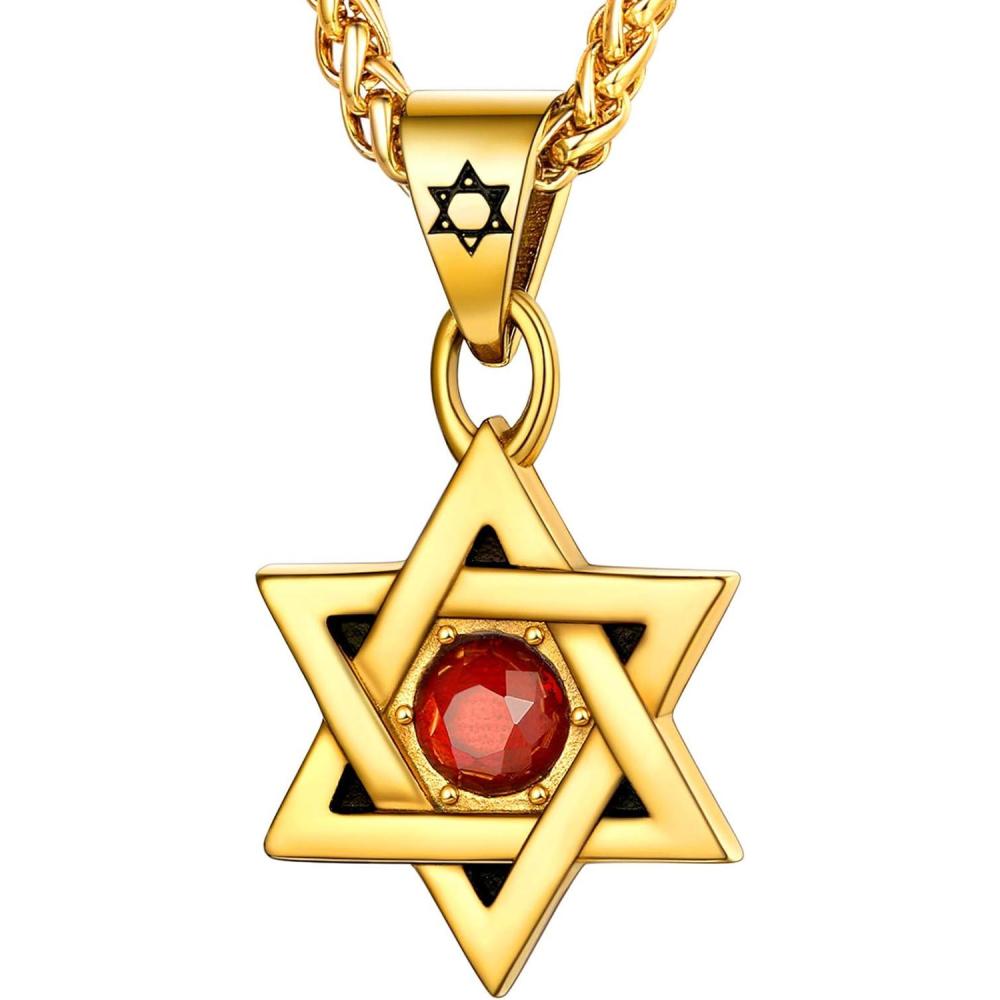 imageU7 Star of David Necklace for Men Women GoldStainless Steel Hexagon Pendant with CrossRuby StoneClassic Jewish Isael Necklaces Length 22quot 24quot 26quot04David Star with Red StoneGold