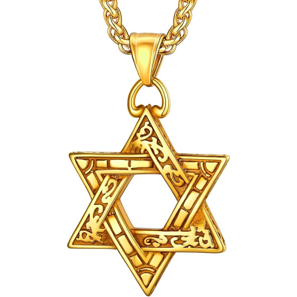 imageU7 Star of David Necklace for Men Women GoldStainless Steel Hexagon Pendant with CrossRuby StoneClassic Jewish Isael Necklaces Length 22quot 24quot 26quot03Retro David StarGold
