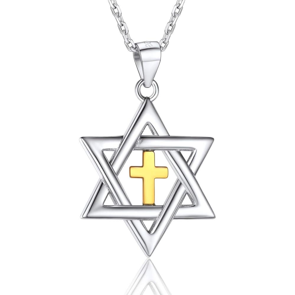 imageU7 Star of David Necklace for Men Women GoldStainless Steel Hexagon Pendant with CrossRuby StoneClassic Jewish Isael Necklaces Length 22quot 24quot 26quot07David Star with CrossSterling Silver