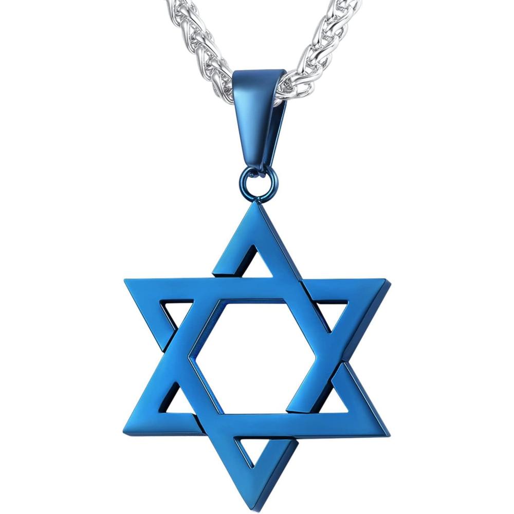imageU7 Star of David Necklace for Men Women GoldStainless Steel Hexagon Pendant with CrossRuby StoneClassic Jewish Isael Necklaces Length 22quot 24quot 26quot01Classicsteelblue