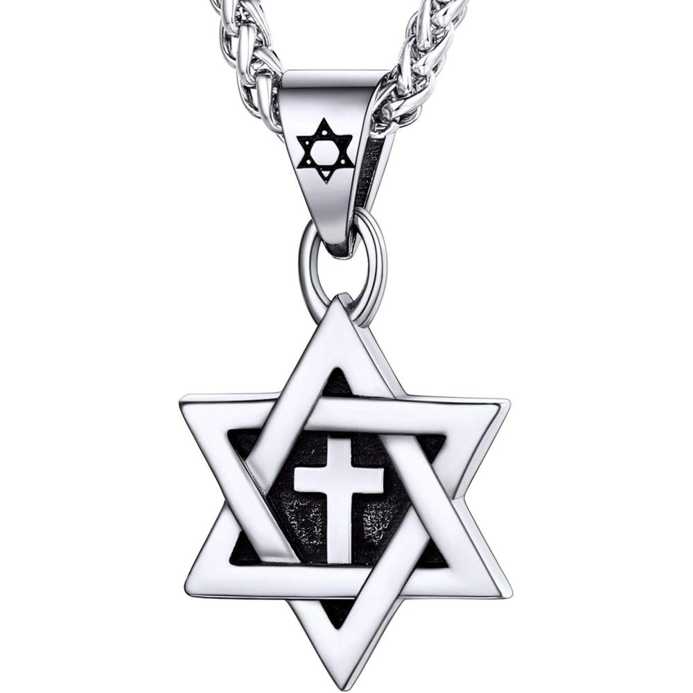imageU7 Star of David Necklace for Men Women GoldStainless Steel Hexagon Pendant with CrossRuby StoneClassic Jewish Isael Necklaces Length 22quot 24quot 26quot02Star of David with CrossStainless