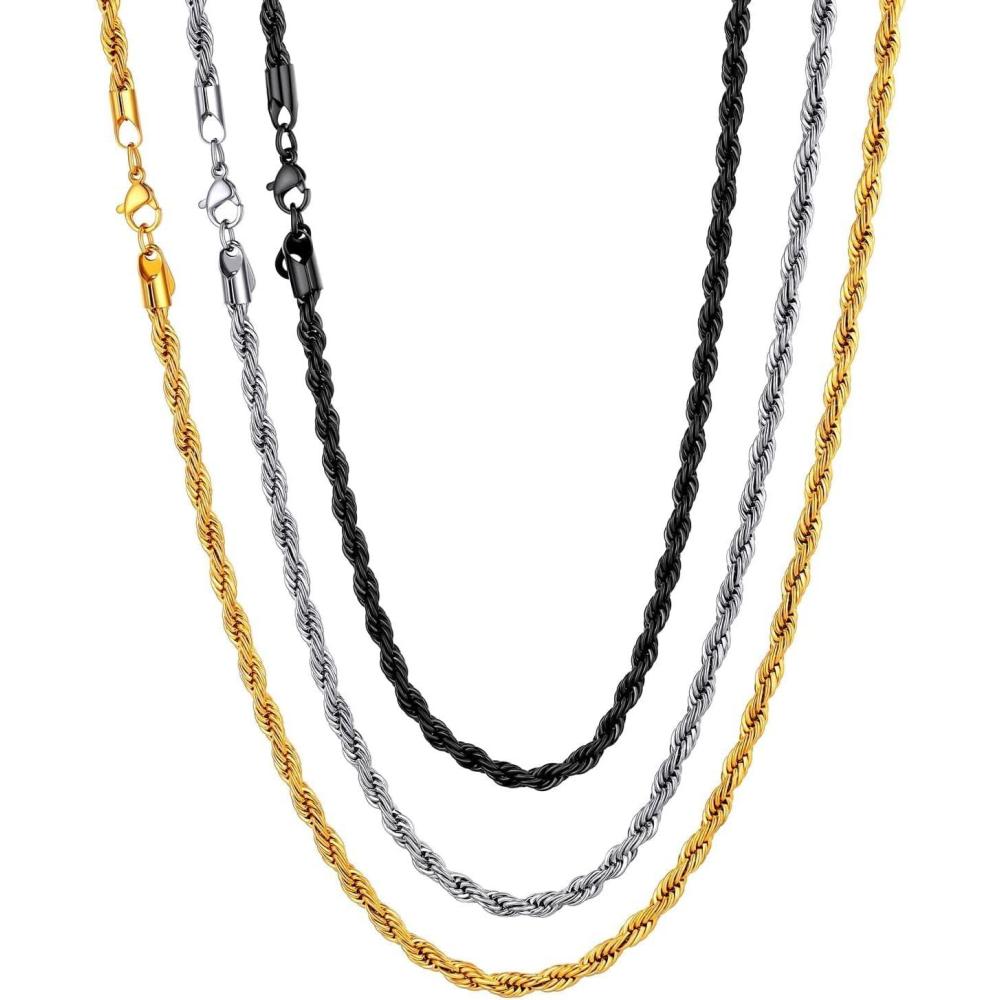 imageU7 Twisted Rope Chain Figaro Chain Men Stainless Steel Necklace and Bracelet Set 3mm 5mm 6mm 9mm Black Gold Silver Chains Necklaces for Men Women 16quot30quotd 3mm Color