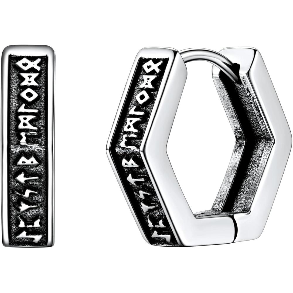 imageU7 Viking Hoop Earring for Men Stainless SteelBlackGold Huggie Hoops Earrings Norse Viking Runes HoopHexagonTriangle Punk Jewelry Hypoallergenic Gift for Men Women02SilverHexagon