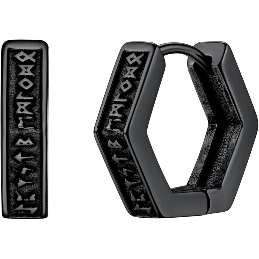 imageU7 Viking Hoop Earring for Men Stainless SteelBlackGold Huggie Hoops Earrings Norse Viking Runes HoopHexagonTriangle Punk Jewelry Hypoallergenic Gift for Men Women02BlackHexagon