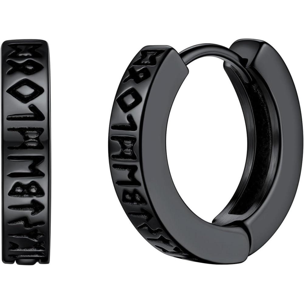 imageU7 Viking Hoop Earring for Men Stainless SteelBlackGold Huggie Hoops Earrings Norse Viking Runes HoopHexagonTriangle Punk Jewelry Hypoallergenic Gift for Men Women01BlackHoop