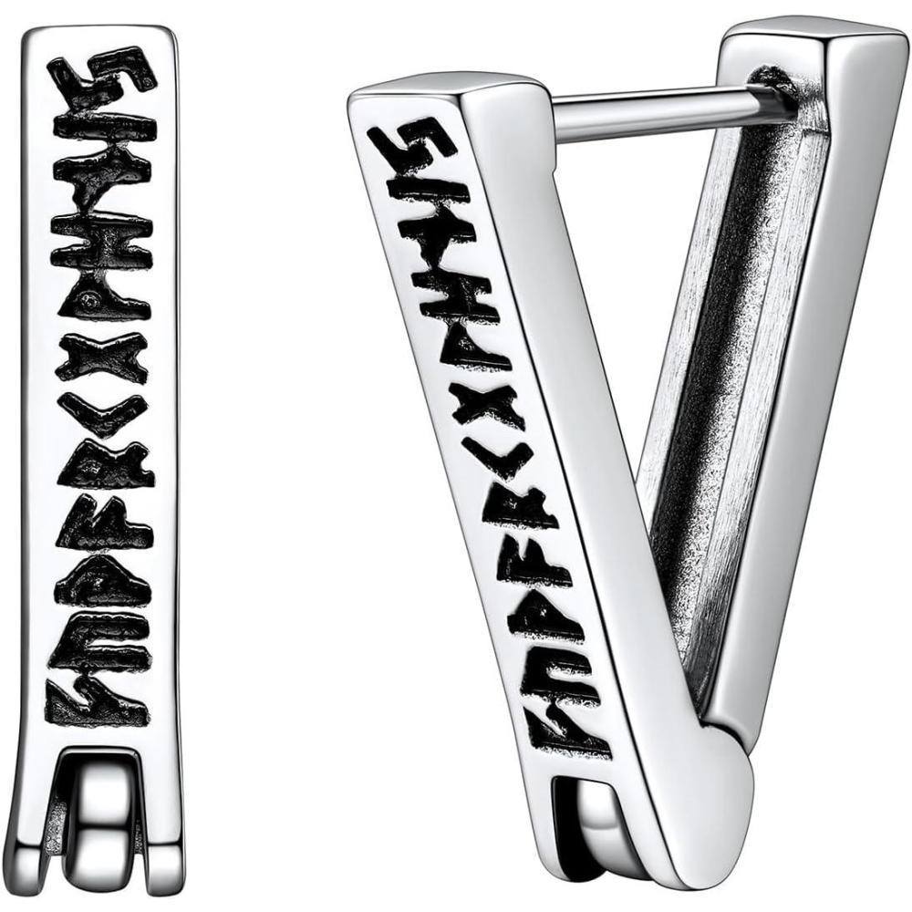 imageU7 Viking Hoop Earring for Men Stainless SteelBlackGold Huggie Hoops Earrings Norse Viking Runes HoopHexagonTriangle Punk Jewelry Hypoallergenic Gift for Men Women03SilverTriangle