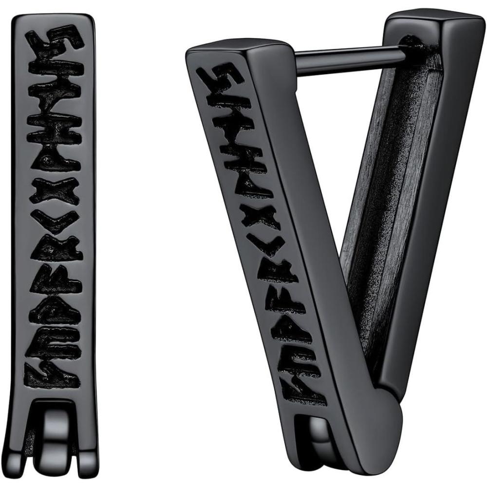 imageU7 Viking Hoop Earring for Men Stainless SteelBlackGold Huggie Hoops Earrings Norse Viking Runes HoopHexagonTriangle Punk Jewelry Hypoallergenic Gift for Men Women03BlackTriangle