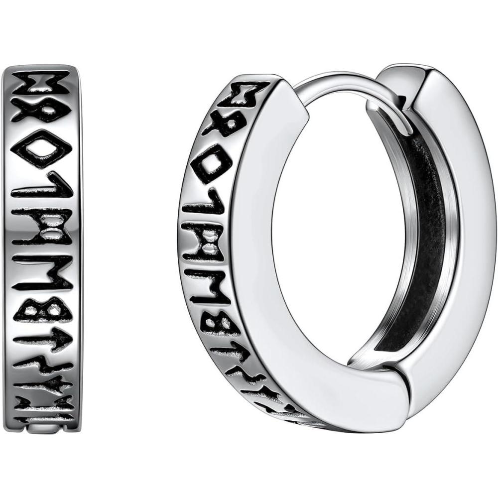 imageU7 Viking Hoop Earring for Men Stainless SteelBlackGold Huggie Hoops Earrings Norse Viking Runes HoopHexagonTriangle Punk Jewelry Hypoallergenic Gift for Men Women01SilverHoop