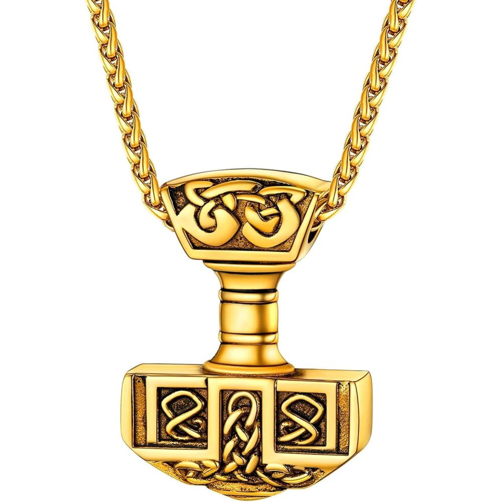 imageU7 Viking Pendant Necklace Stainless Steel18K Gold Plated Celtic Thors Hammer Pendant Necklaces Viking Jewelry Gift for Men4Thors hammergold