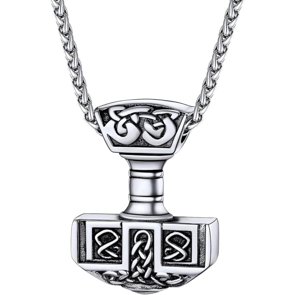 imageU7 Viking Pendant Necklace Stainless Steel18K Gold Plated Celtic Thors Hammer Pendant Necklaces Viking Jewelry Gift for Men4Thors hammersilver black