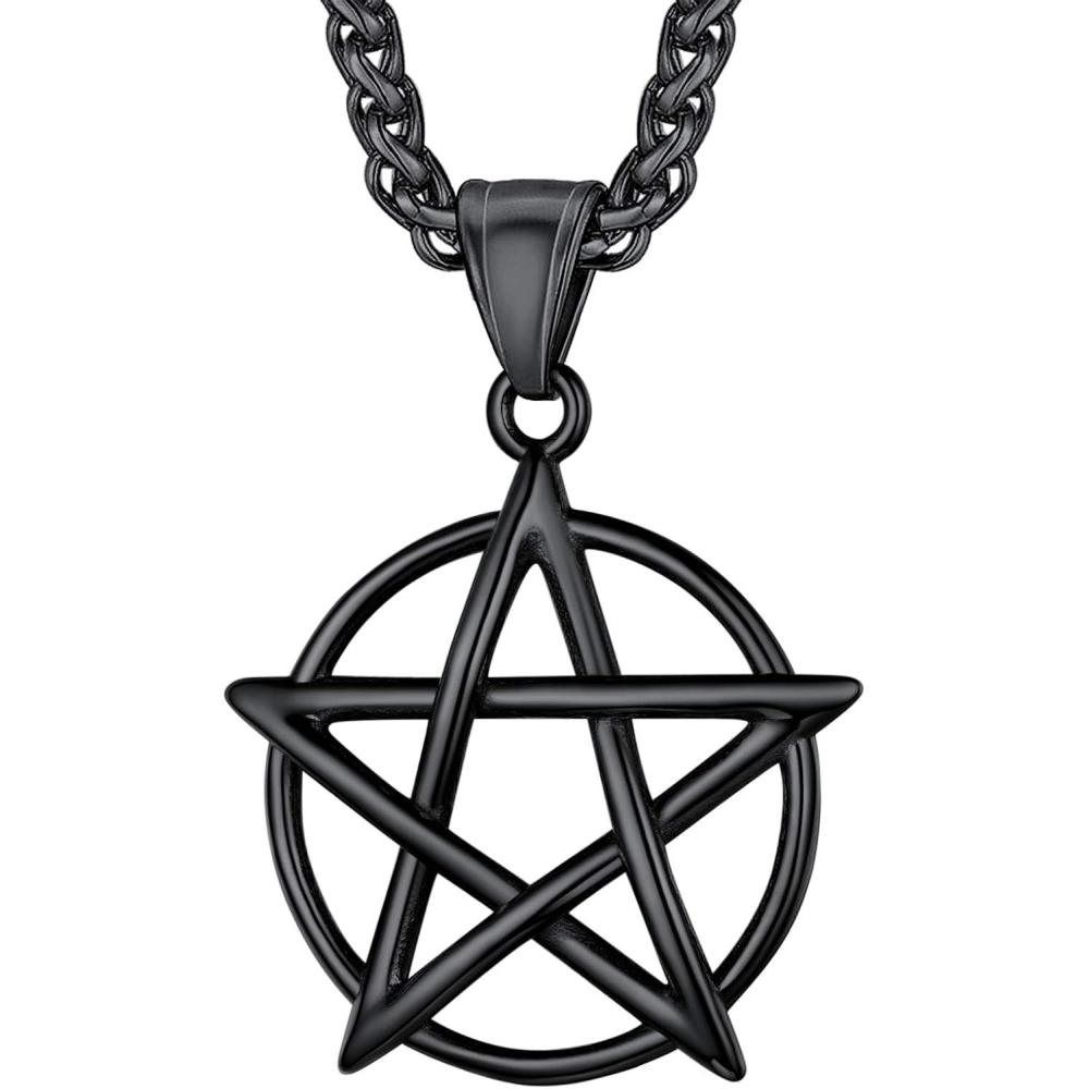 imageU7 Wiccan Necklace Pagan Pendant Men Women Stainless SteelBlack18K Gold Plated PentagramNorse VikingRaven Occult Necklaces01PentacleBlack