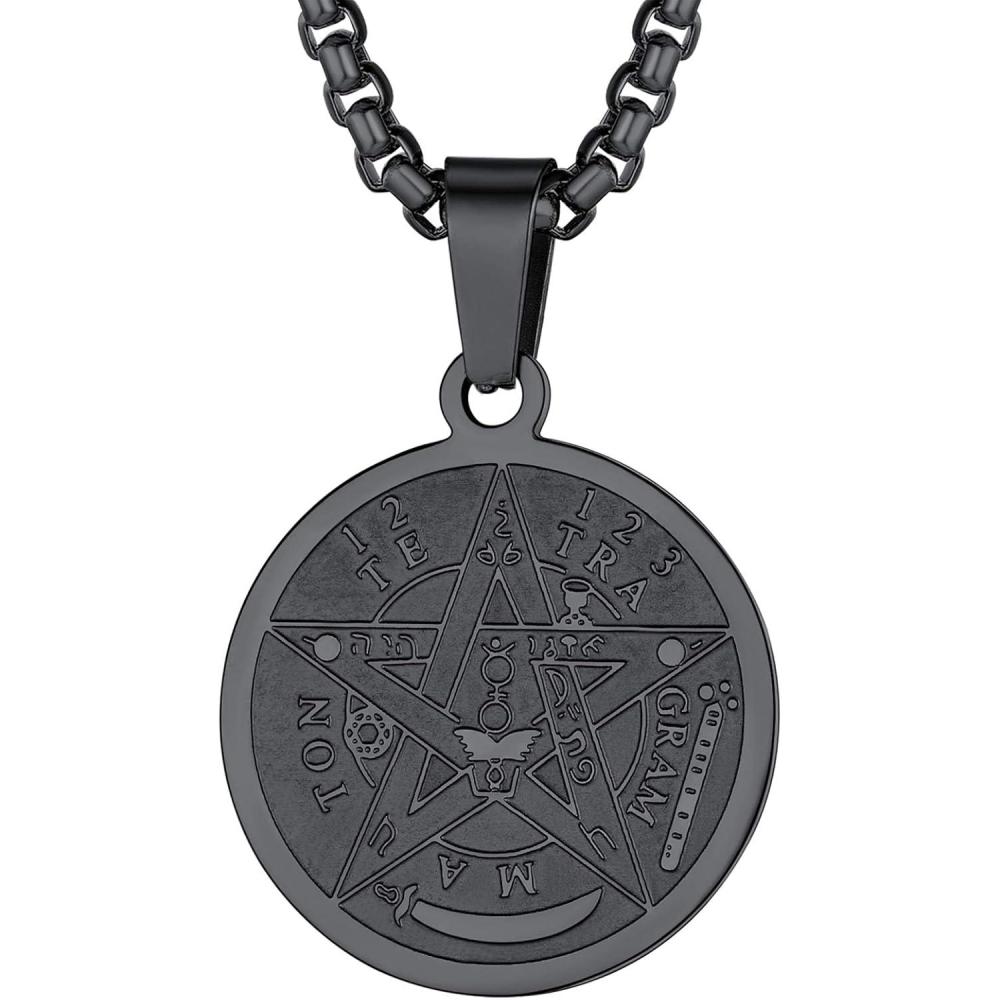 imageU7 Wiccan Necklace Pagan Pendant Men Women Stainless SteelBlack18K Gold Plated PentagramNorse VikingRaven Occult Necklaces02Pentacle MedalBlack