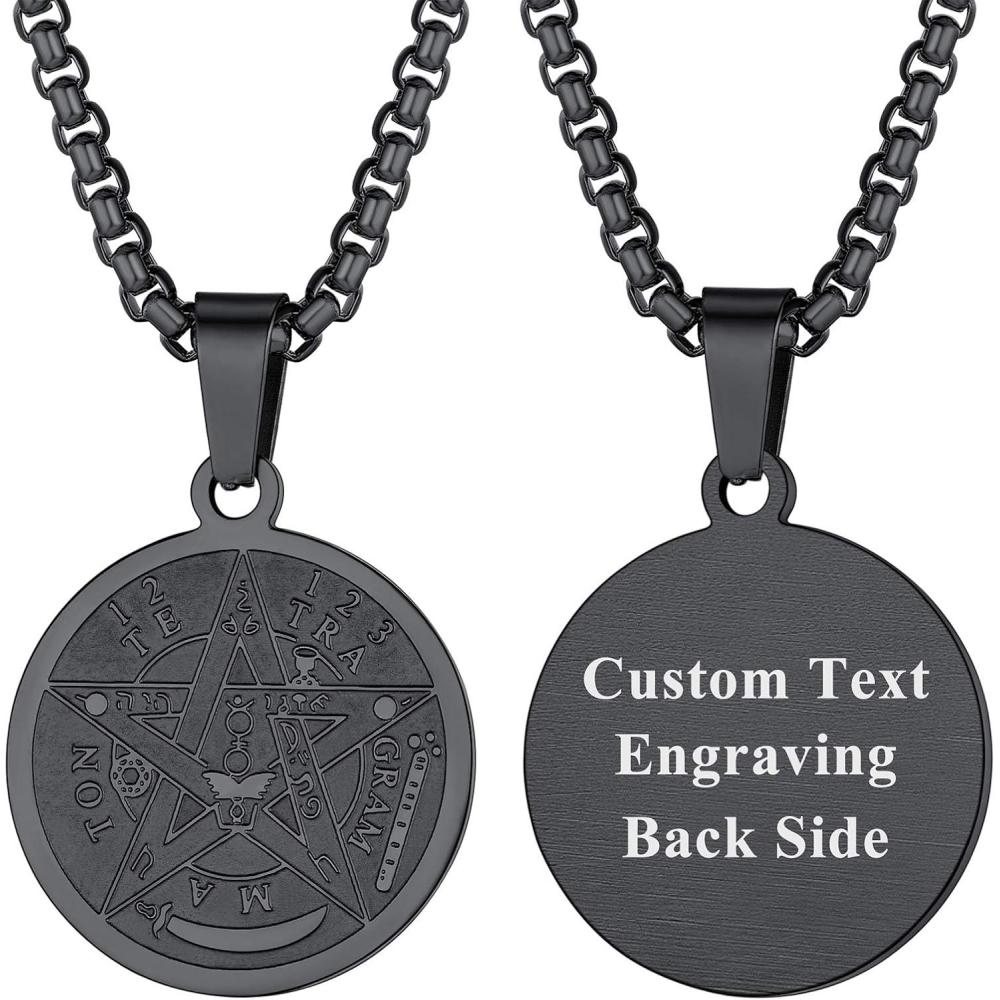 imageU7 Wiccan Necklace Pagan Pendant Men Women Stainless SteelBlack18K Gold Plated PentagramNorse VikingRaven Occult Necklaces02Pentacle MedalBlackCustomized
