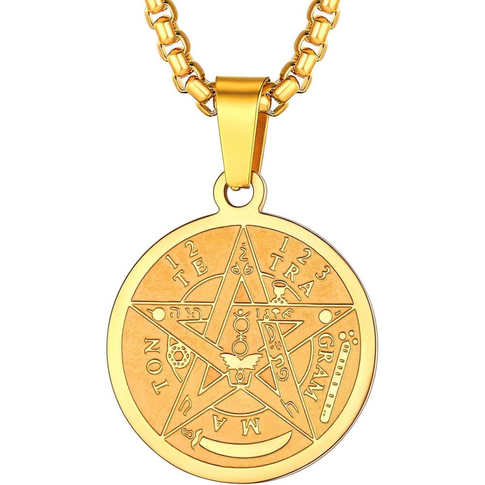 imageU7 Wiccan Necklace Pagan Pendant Men Women Stainless SteelBlack18K Gold Plated PentagramNorse VikingRaven Occult Necklaces02Pentacle MedalGold
