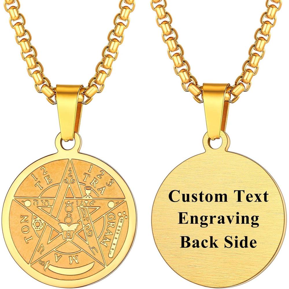 imageU7 Wiccan Necklace Pagan Pendant Men Women Stainless SteelBlack18K Gold Plated PentagramNorse VikingRaven Occult Necklaces02Pentacle MedalGoldCustomized