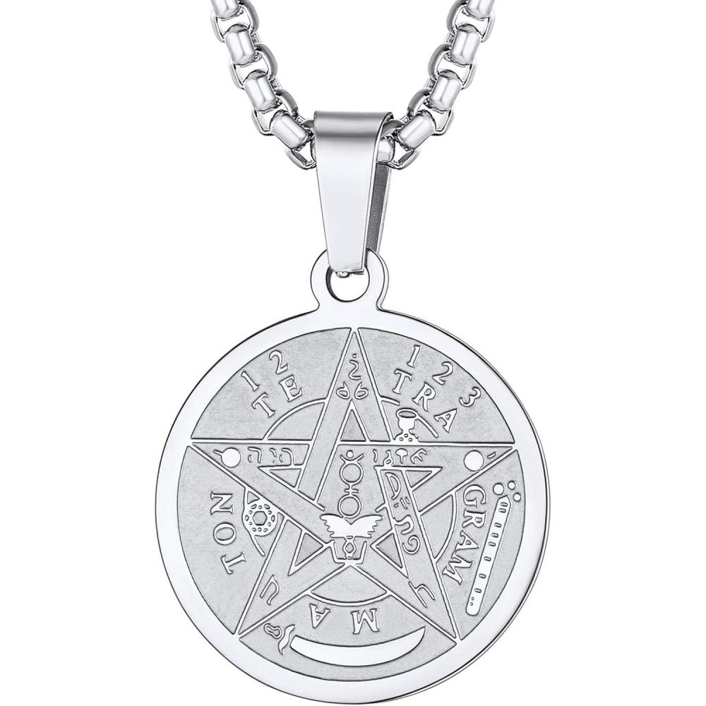 imageU7 Wiccan Necklace Pagan Pendant Men Women Stainless SteelBlack18K Gold Plated PentagramNorse VikingRaven Occult Necklaces02Pentacle MedalStainless