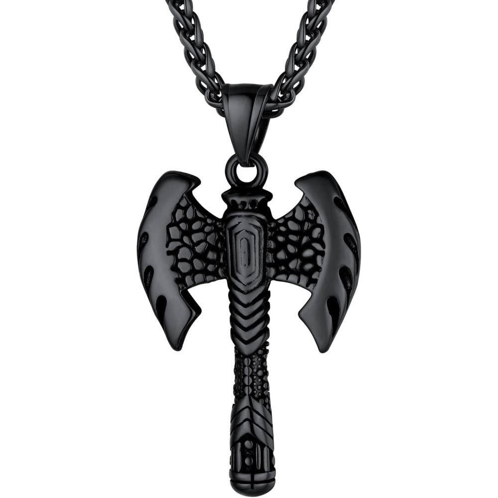 imageU7 Wiccan Necklace Pagan Pendant Men Women Stainless SteelBlack18K Gold Plated PentagramNorse VikingRaven Occult Necklaces04Double Bit AxeBlack