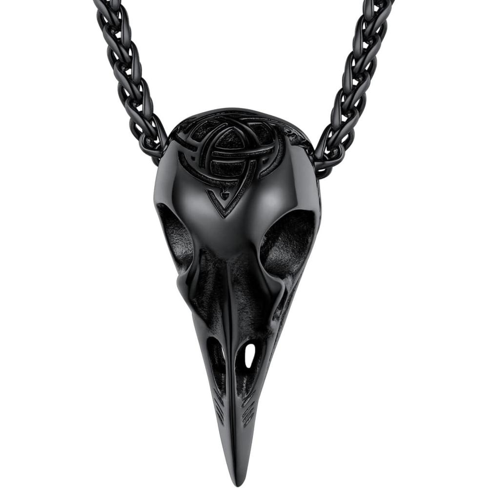 imageU7 Wiccan Necklace Pagan Pendant Men Women Stainless SteelBlack18K Gold Plated PentagramNorse VikingRaven Occult Necklaces05Raven SkullBlack
