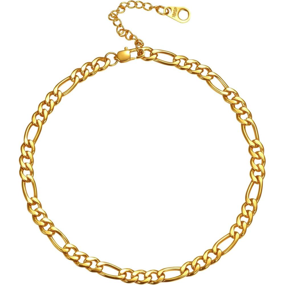 imageU7 Women Girls Barefoot Jewelry 18K Gold or Rose Gold Stainless Steel HeartRopeFigaroCuban Chain Anklet Foot Bracelet 2530 CM Long03 Gold plated5mm figaro chain