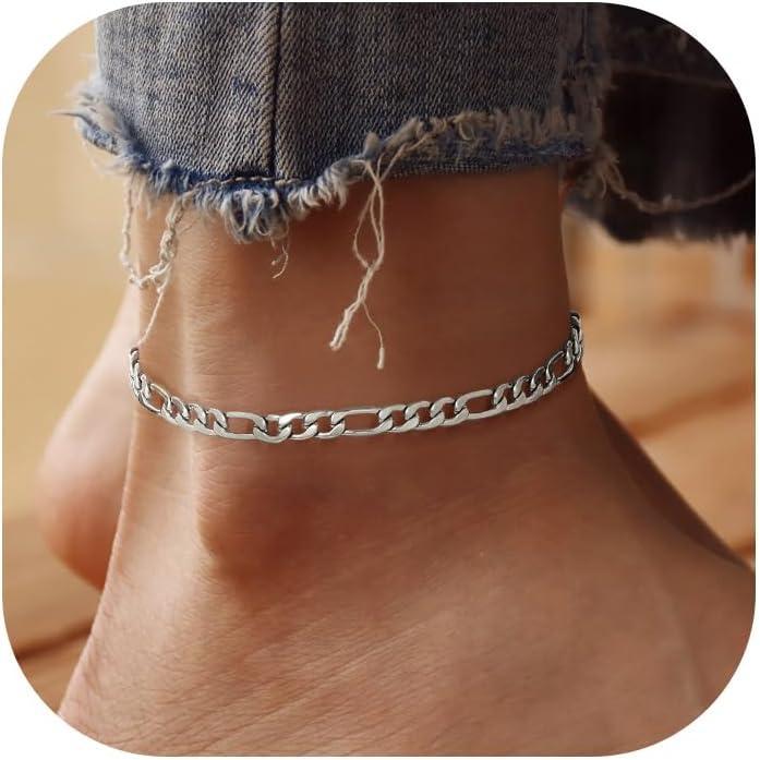 imageU7 Women Girls Barefoot Jewelry 18K Gold or Rose Gold Stainless Steel HeartRopeFigaroCuban Chain Anklet Foot Bracelet 2530 CM Long03Stainless steel5mm figaro chain