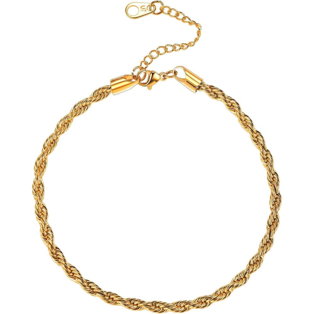 imageU7 Women Girls Barefoot Jewelry 18K Gold or Rose Gold Stainless Steel HeartRopeFigaroCuban Chain Anklet Foot Bracelet 2530 CM Long04Gold plated3mm rope chain