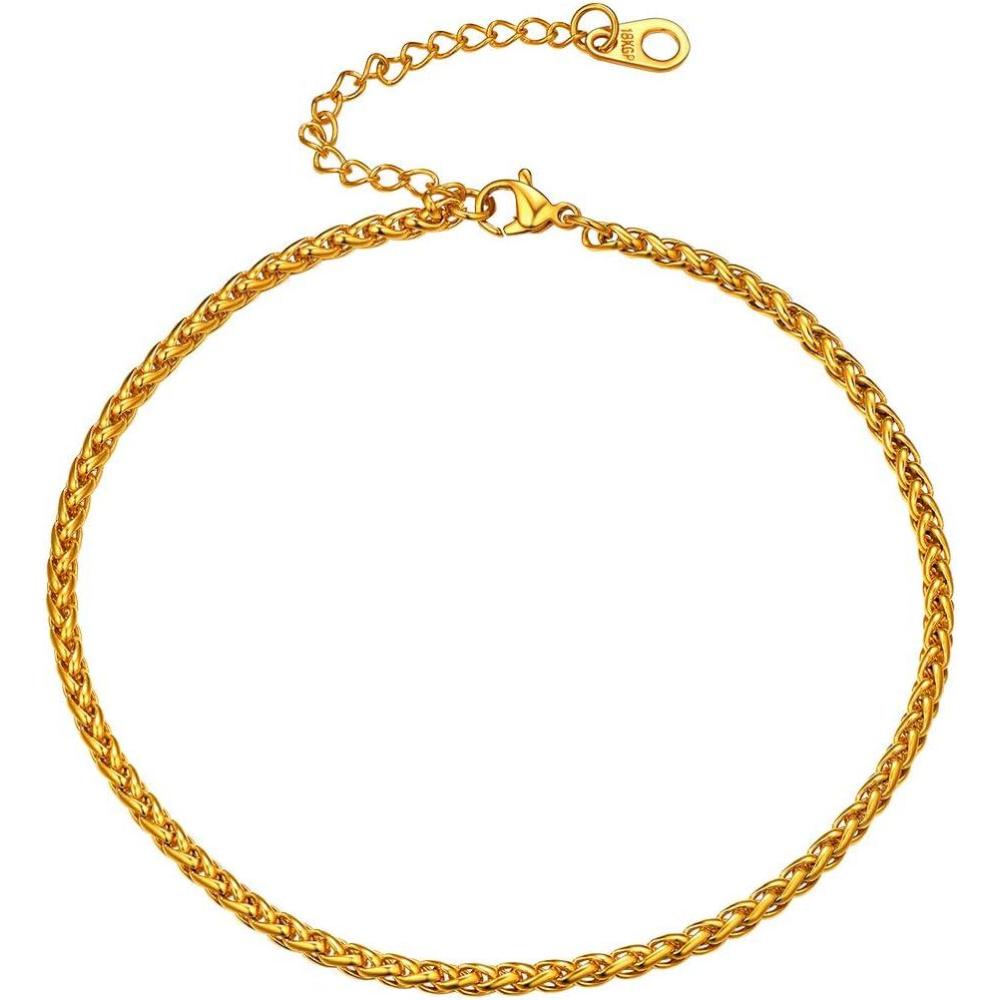 imageU7 Women Girls Barefoot Jewelry 18K Gold or Rose Gold Stainless Steel HeartRopeFigaroCuban Chain Anklet Foot Bracelet 2530 CM Long05Gold plated3mm wheat chain