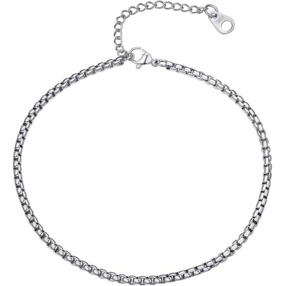 imageU7 Women Girls Barefoot Jewelry 18K Gold or Rose Gold Stainless Steel HeartRopeFigaroCuban Chain Anklet Foot Bracelet 2530 CM Long06Stainless3mm box chain