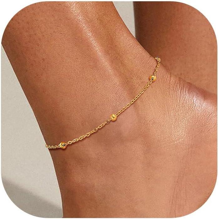 imageU7 Women Girls Barefoot Jewelry 18K Gold or Rose Gold Stainless Steel HeartRopeFigaroCuban Chain Anklet Foot Bracelet 2530 CM Long07Gold bead