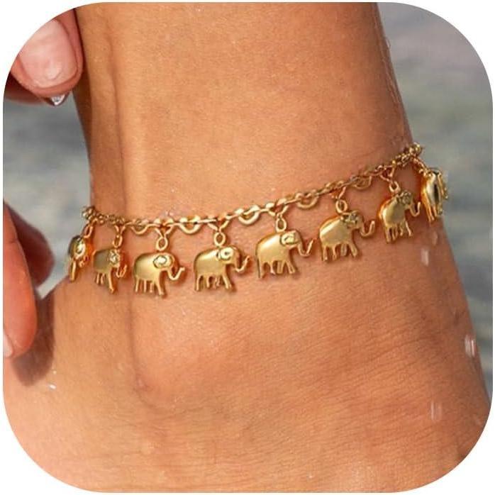 imageU7 Women Girls Barefoot Jewelry 18K Gold or Rose Gold Stainless Steel HeartRopeFigaroCuban Chain Anklet Foot Bracelet 2530 CM Long08gold elephant charm