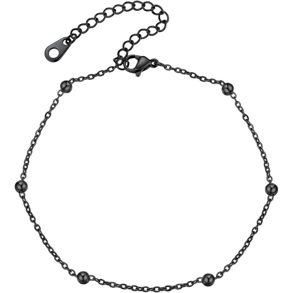 imageU7 Women Girls Barefoot Jewelry 18K Gold or Rose Gold Stainless Steel HeartRopeFigaroCuban Chain Anklet Foot Bracelet 2530 CM Long10Black bead