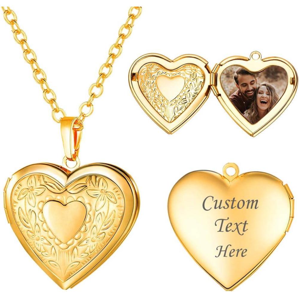 imageU7 Women Locket Necklace Platinum 14K Gold Photo Lockets that Hold PictureChain 20 Inch Personalized Gift Custom Love Heart Image Necklaces01 Gold Heart