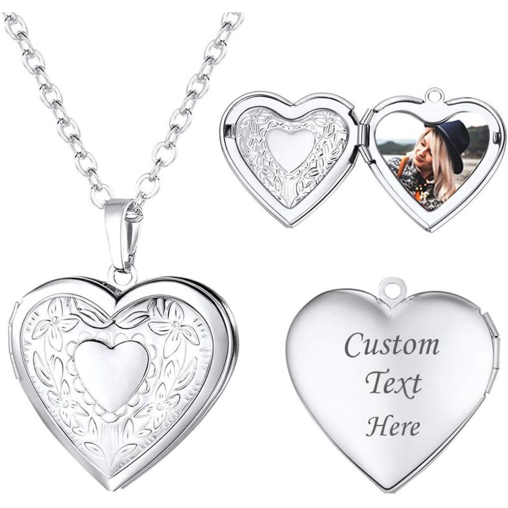 imageU7 Women Locket Necklace Platinum 14K Gold Photo Lockets that Hold PictureChain 20 Inch Personalized Gift Custom Love Heart Image Necklaces01 HotPlatinum Heart