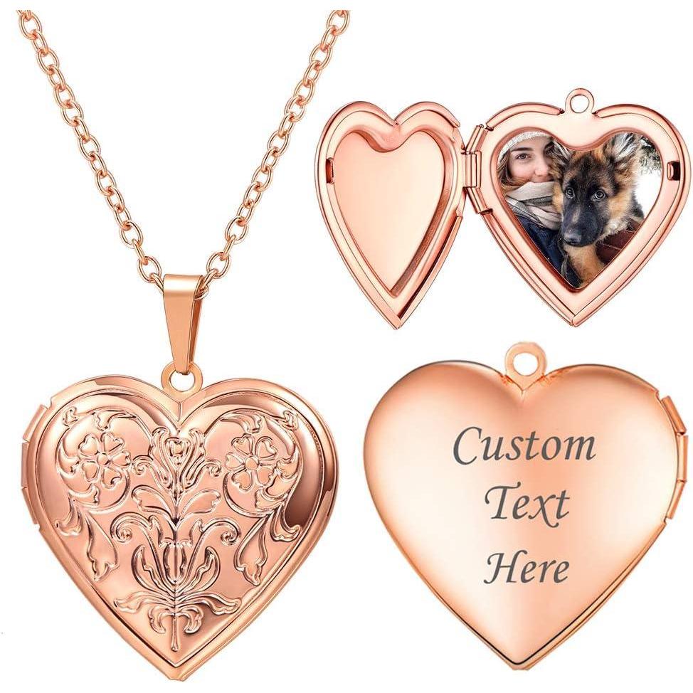 imageU7 Women Locket Necklace Platinum 14K Gold Photo Lockets that Hold PictureChain 20 Inch Personalized Gift Custom Love Heart Image Necklaces02 Rose GoldFlower Grain