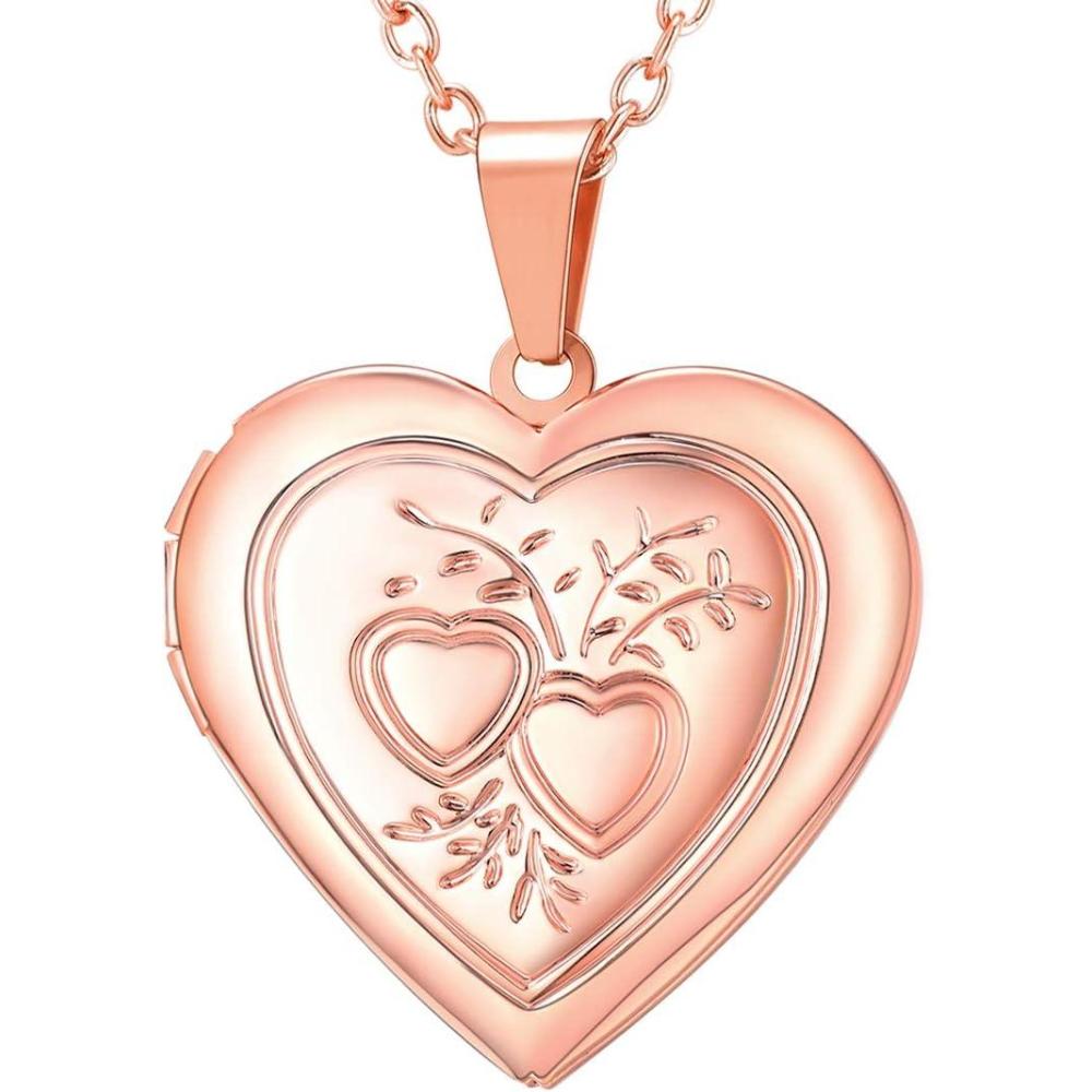 imageU7 Women Locket Necklace Platinum 14K Gold Photo Lockets that Hold PictureChain 20 Inch Personalized Gift Custom Love Heart Image Necklaces03 Rose Gold2 Heart