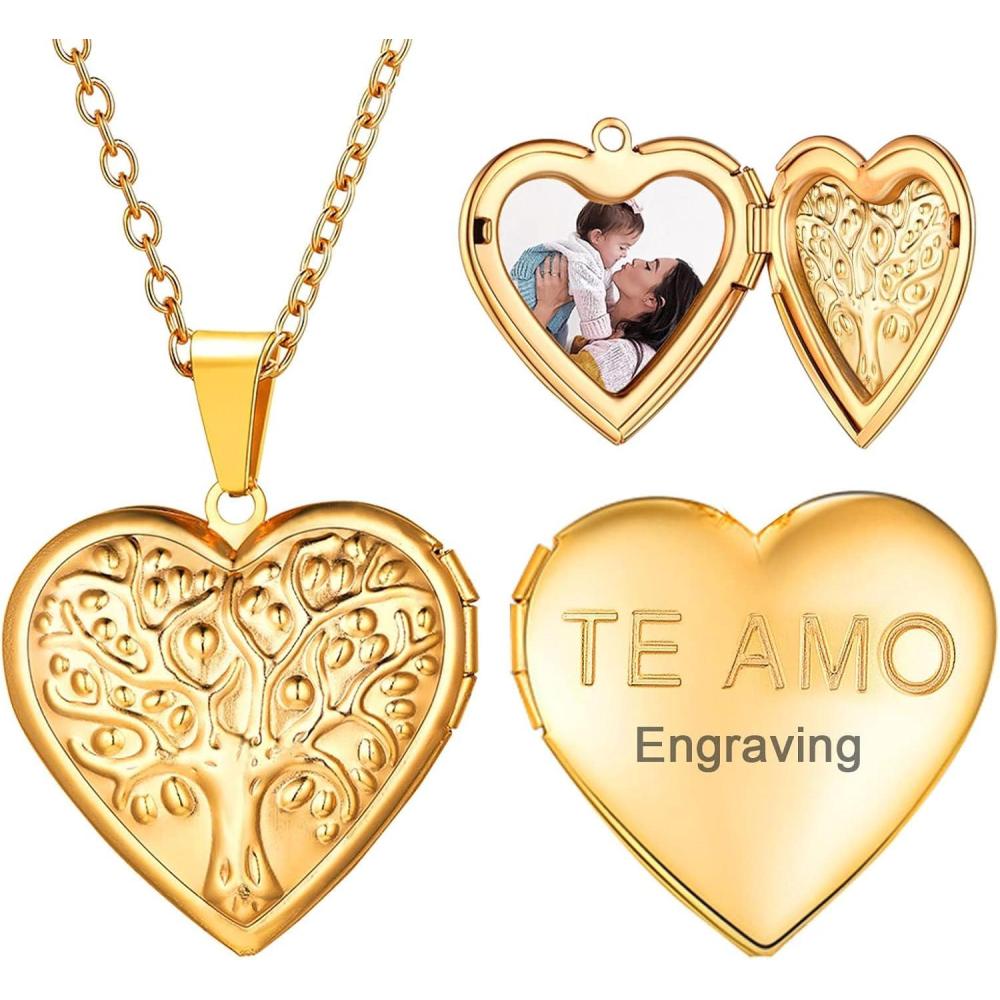 imageU7 Women Locket Necklace Platinum 14K Gold Photo Lockets that Hold PictureChain 20 Inch Personalized Gift Custom Love Heart Image Necklaces04 GoldTree of Life
