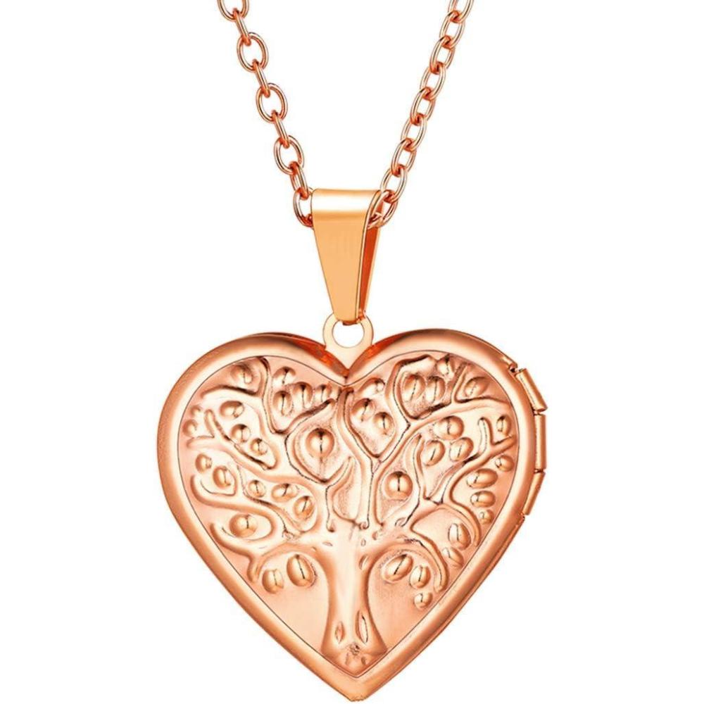 imageU7 Women Locket Necklace Platinum 14K Gold Photo Lockets that Hold PictureChain 20 Inch Personalized Gift Custom Love Heart Image Necklaces04 Rose GoldTree of Life