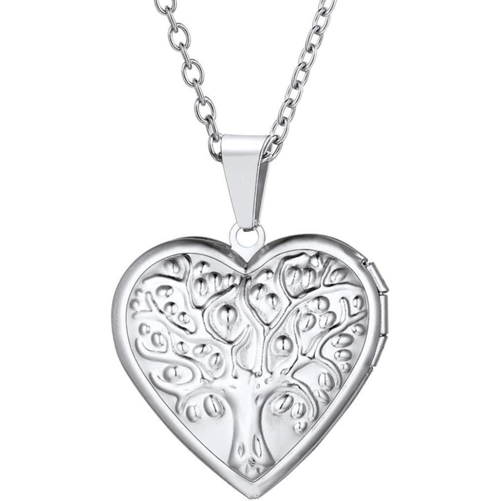 imageU7 Women Locket Necklace Platinum 14K Gold Photo Lockets that Hold PictureChain 20 Inch Personalized Gift Custom Love Heart Image Necklaces04 StainlessTree of Life