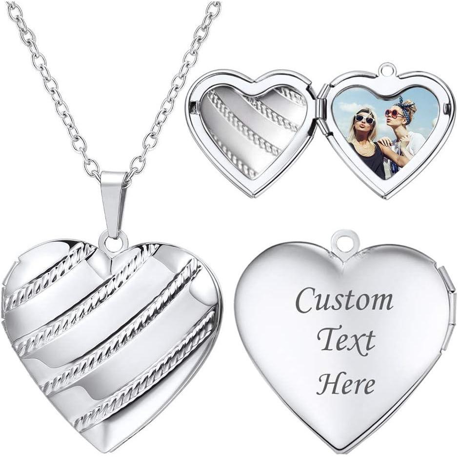 imageU7 Women Locket Necklace Platinum 14K Gold Photo Lockets that Hold PictureChain 20 Inch Personalized Gift Custom Love Heart Image Necklaces05 Platinum Stripe